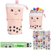 Etui 2 in 1, telescopico, espandibile, con grande capacità, con peluche e adesivi, per ufficio, scuola, ragazzi e ragazze (rosa)