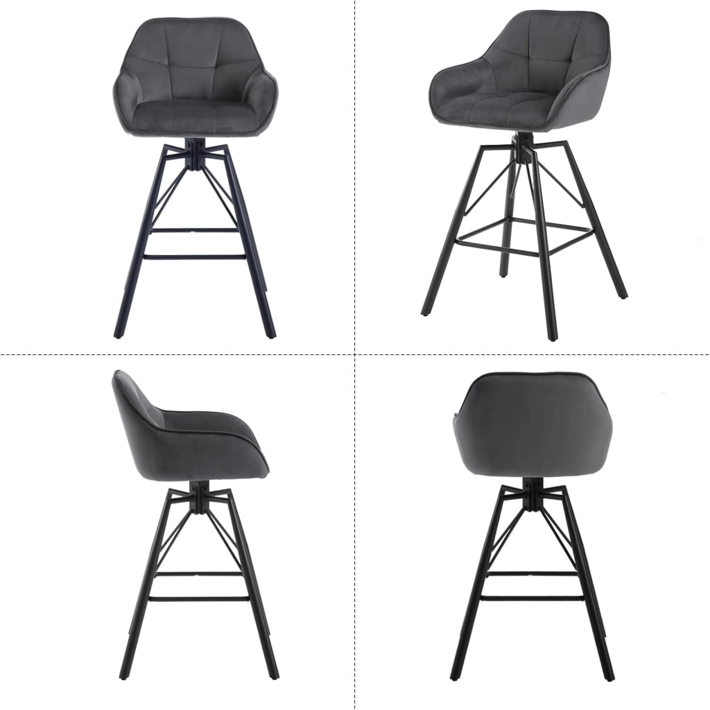4 Pezzi Sgabello da Bar con Poggiapiedi, Sedia da Cucina con Sedile Girevole, Sgabello Alto con Schienale e Braccioli, Seduta in Velluto e Gambe in Metallo, Grigio Scuro, BH397dgr-4