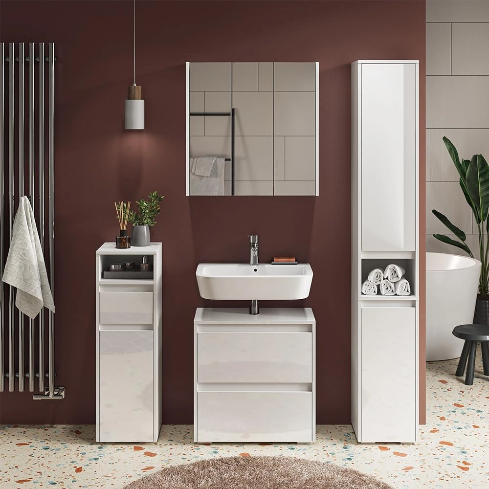 Mobiletto bagno Majest, Bianco lucido, 30.2 x 96.3 cm, per la conservazione di accessori da bagno e combinabile