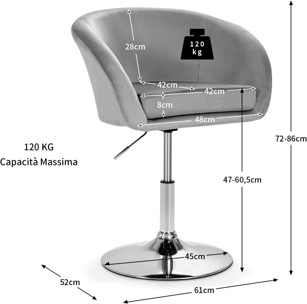 Sgabelli da Bar Girevole in Velluto, Sgabelli Cucina Moderni Design Alte con Schienale, Sedia Rotondo Regolabile in Altezza, con Braccioli, per Cucina Ufficio Bar (Grigio)