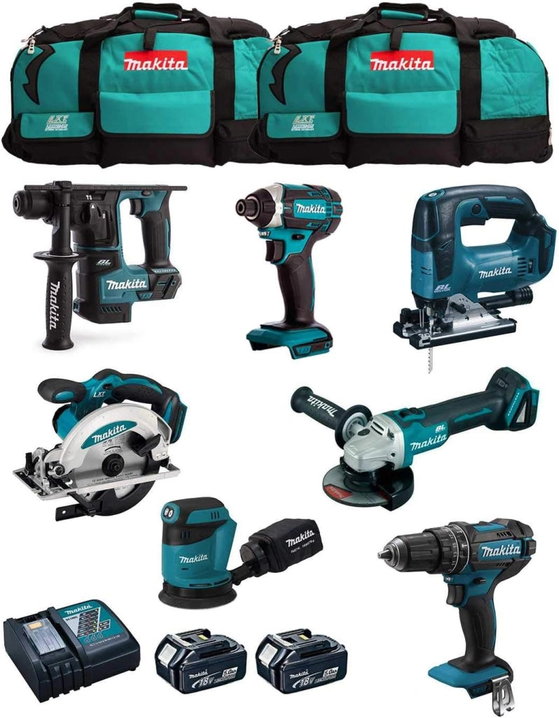 MAKITA Kit MK702 (DDF482 + DHR171 + DGA504 + DTD152 + DJV182 + DSS610 + DBO180 + 2 Batterie 5,0 Ah + Caricabatterie + 2 x LXT600)