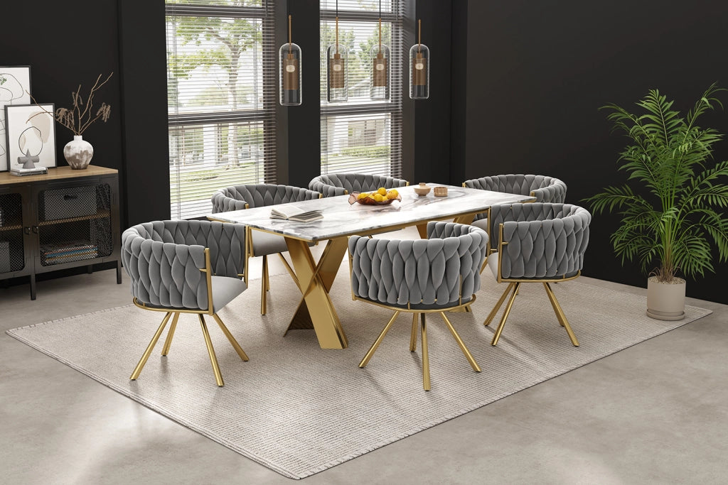 Set di 2 sedie girevoli in velluto per sala da pranzo, struttura in metallo a quattro gambe, grigio/oro