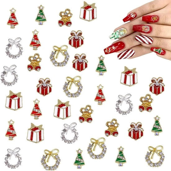 Decorazioni per albero di Natale bling, 35 pezzi, decorazioni per unghie 3D con strass in zaffiro, verde e rosso.