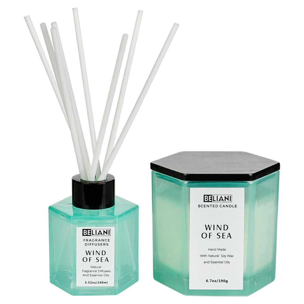 Set candela profumata in cera di soia 100% e diffusore con bastoncini, stoppino di cotone, vetro profumo fresco brezza marina