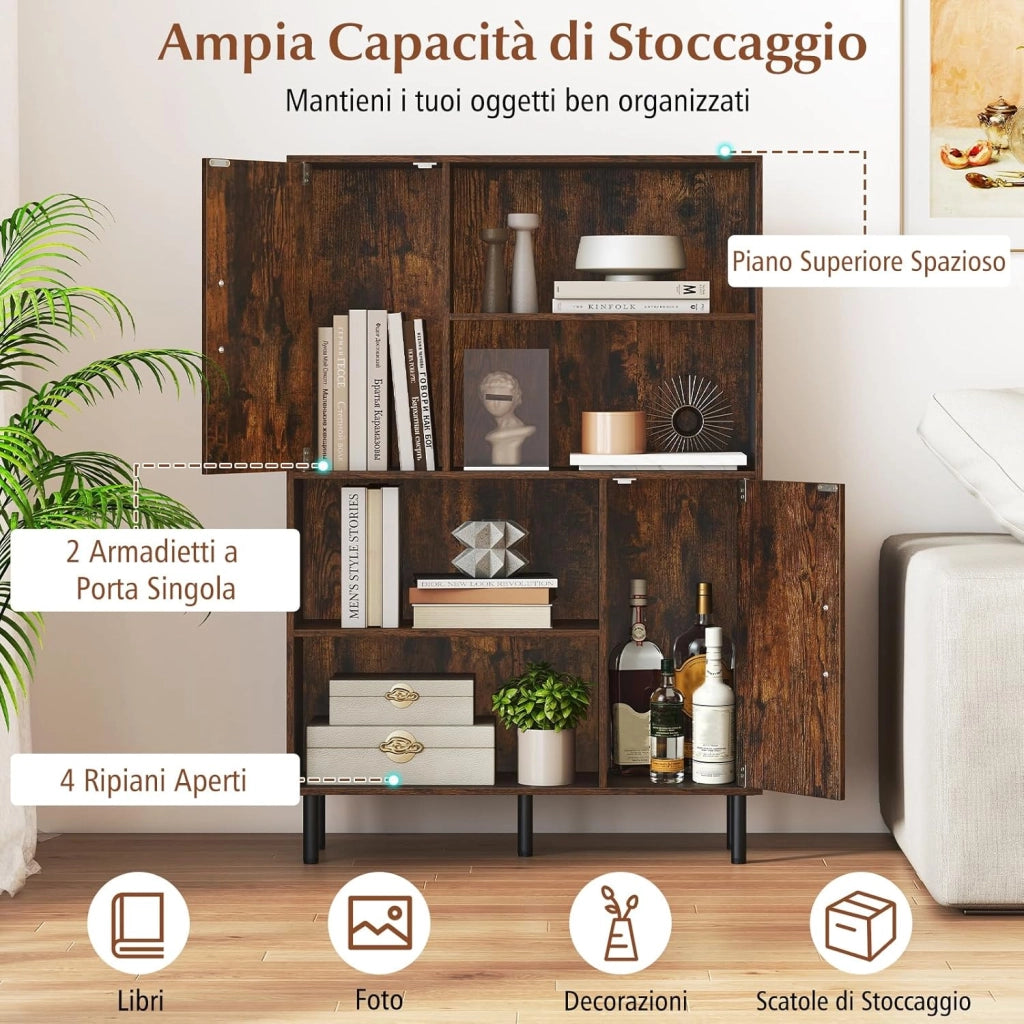 Credenza Mobile da Cucina, Libreria Verticale in Legno con 2 Ante, 4 Ripiani Aperti e 5 Gambe in Metallo, Mobile Dispensa Moderno per Soggiorno, Studio e Ufficio, 80 x 24 x 119,5 cm (Marrone)