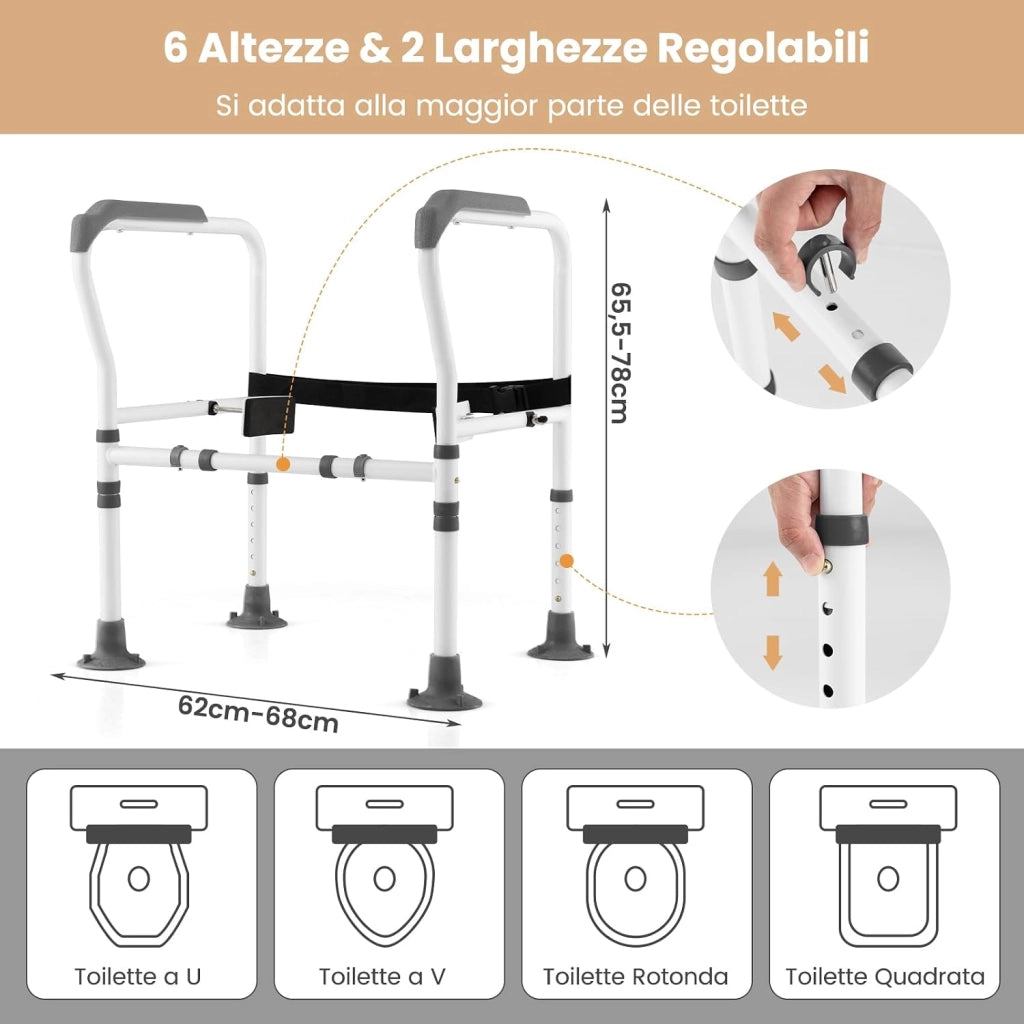 Supporto di Sicurezza Telaio Autonomo per WC, Supporto per WC Regolabile in Altezza e Larghezza con Cinghia di Fissaggio, Con Ventose Antiscivolo (Grigio)