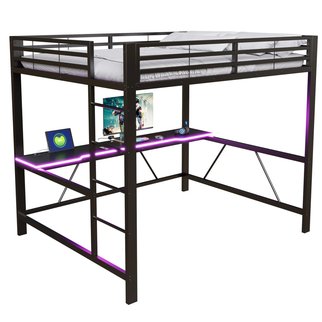 Letto a soppalco 160x200 cm con scrivania e LED in MDF e metallo nero