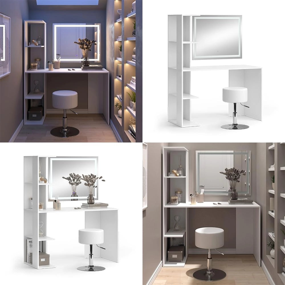 Vicco Tavolo da toilette Tower, Bianco, 122.2 cm con illuminazione e sgabello, Superfici decorative per profumi e oggetti preferiti