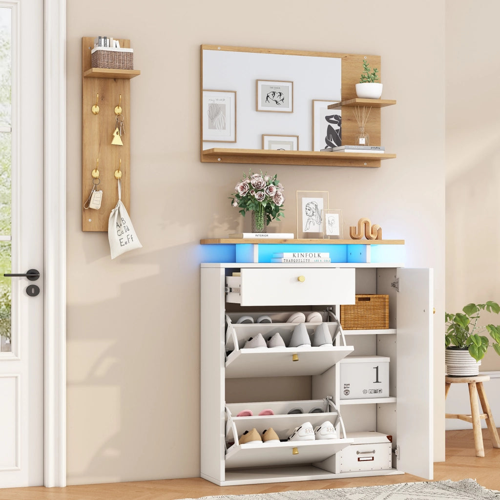 Mobili da ingresso con specchio, scarpiera a 3 vani e appendiabiti a 4 ganci, per corridoio, bianco, 105 × 25 × 151.5 cm