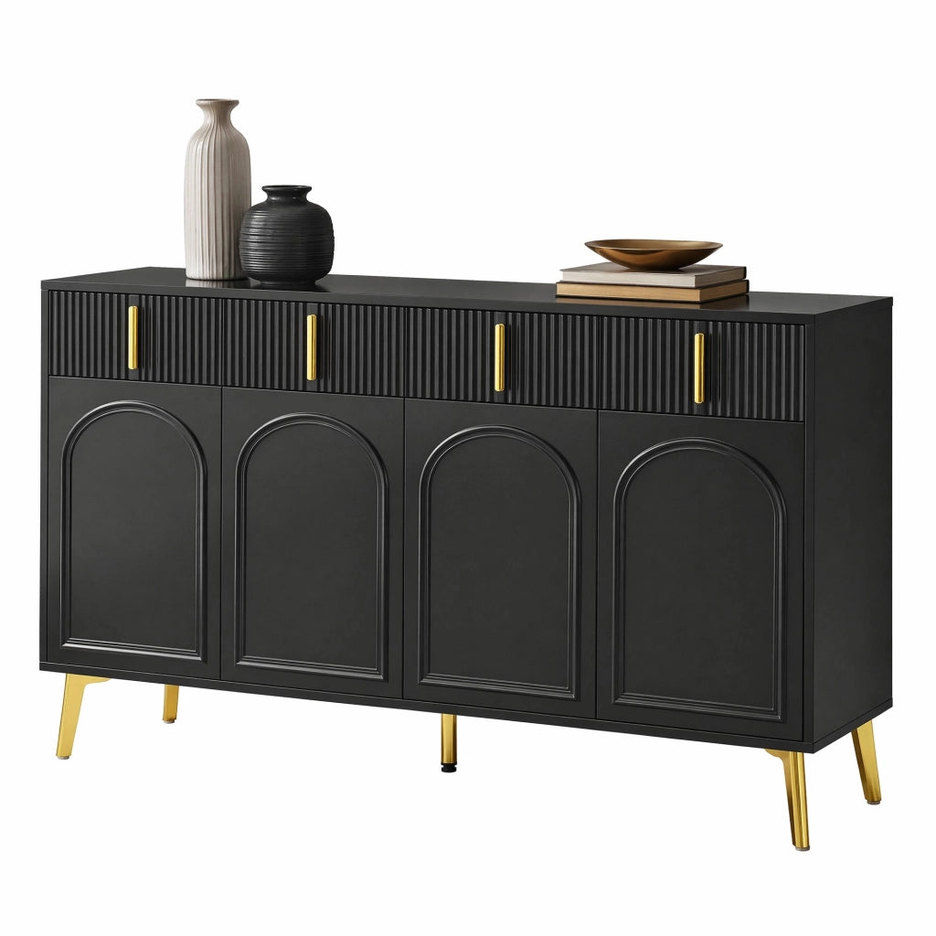 Credenza sideboard nera con 4 ante e 4 cassetti; ripiani regolabili; 140x38x82 cm; in MDF