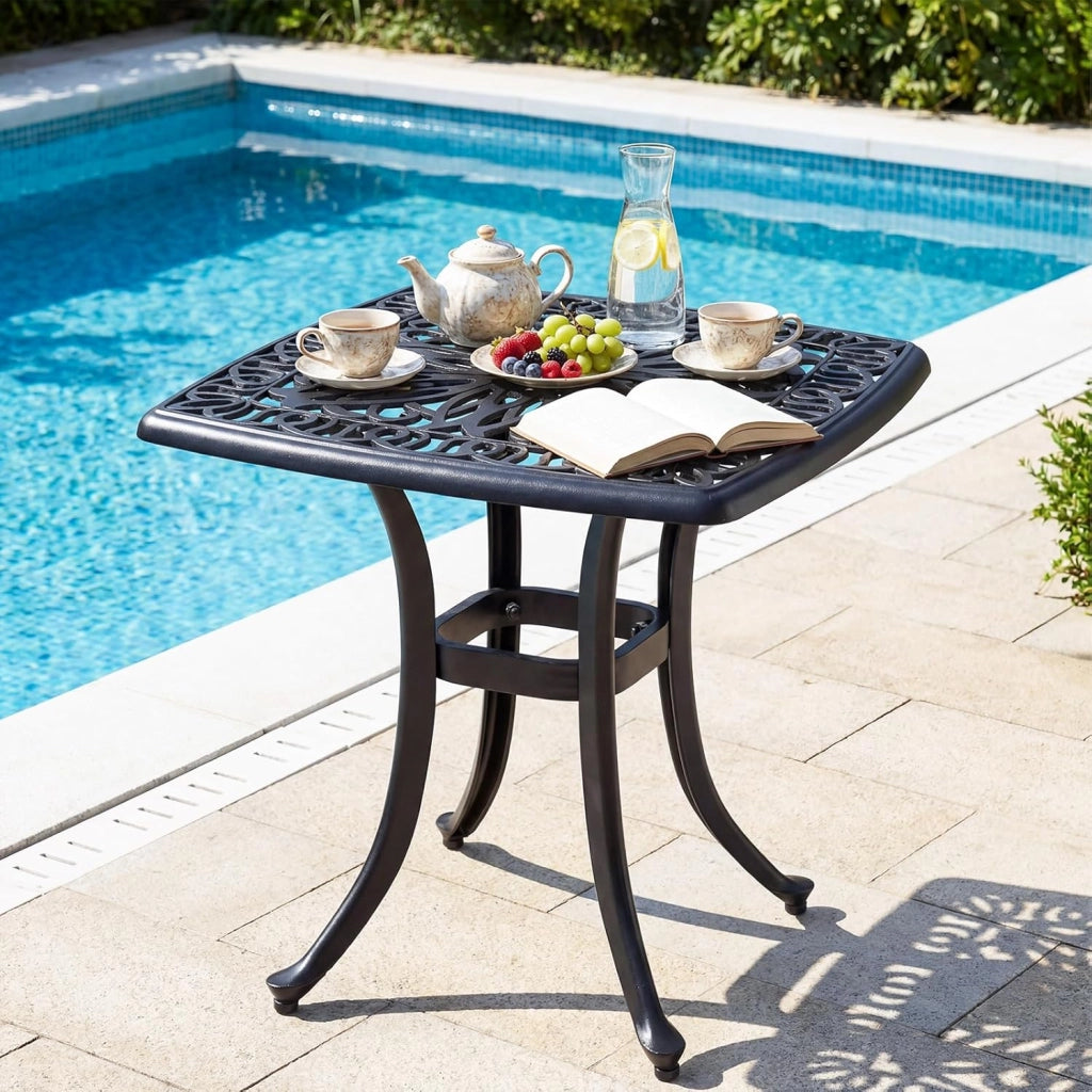 Tavolino da Esterno in Alluminio, con Foro per Ombrellone, Quadrato Antiruggine, per Giardino, Veranda e Balcone, Portata 120 kg