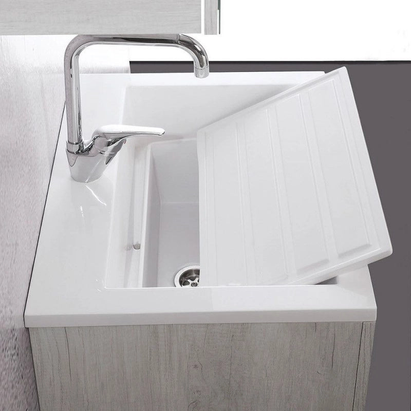 Mobile Lavatoio Sospeso Vasca Zeus in MineralMarmo Apertura a Cassettone 60x48x50 cm Olmo Scuro