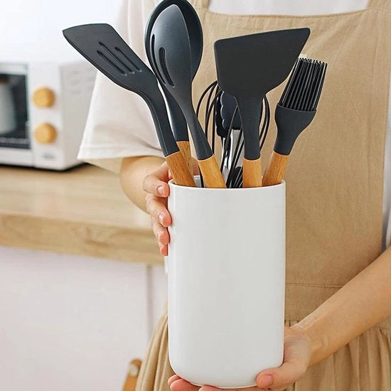 Supporto per oggetti in ceramica per cucina 7" x 4" nero, contenitore per utensili da banco da cucina Design semplice, contenitore per oggetti da banco da cucina, cassetta per le cucchiaie in legno