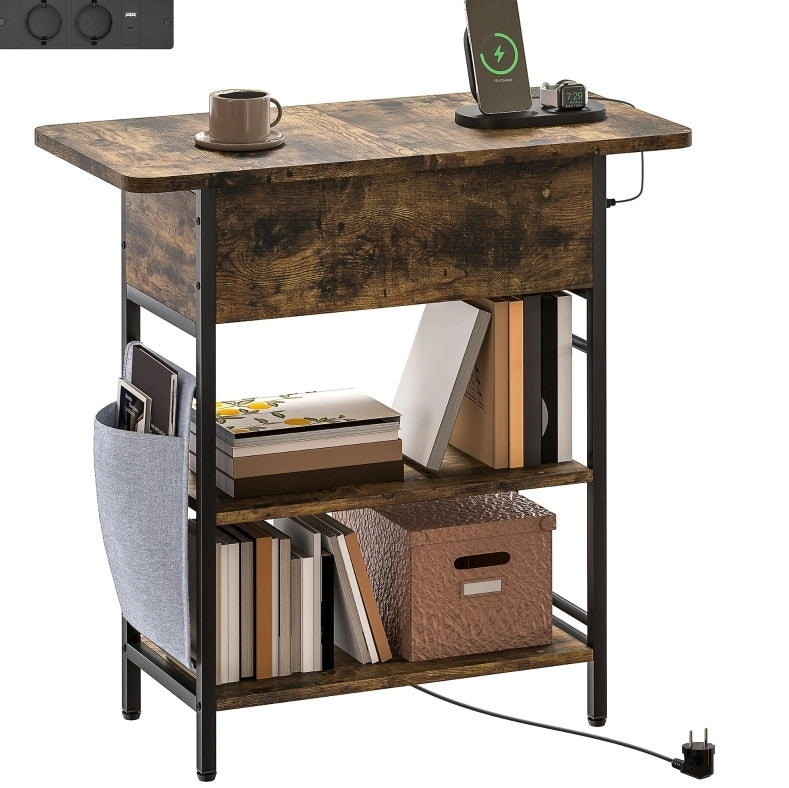 Tavolino laterale ULEVR 60x29,8x58,5 cm con prese, USB e USB-C, 2 ripiani e vano con coperchio, marrone rustico