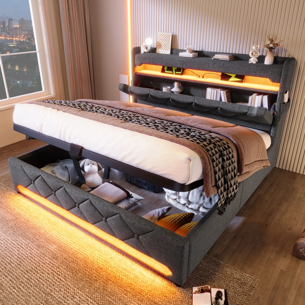 Letto matrimoniale 180x200 cm in lino grigio con contenitore; testiera con USB e LED