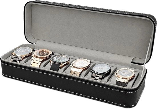 Cassetto di conservazione per orologi e smartwatch - Supporto orologio in PU pelle con chiusura a zip - Scatola orologio per uomo e donna - 6 fessure.