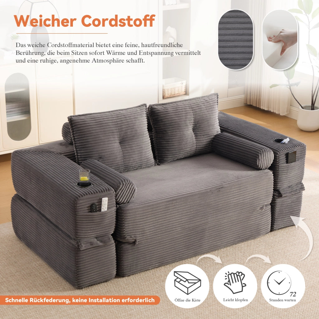DIVANO Letto pieghevole 180x98x80 cm in corduroy Grigio scuro