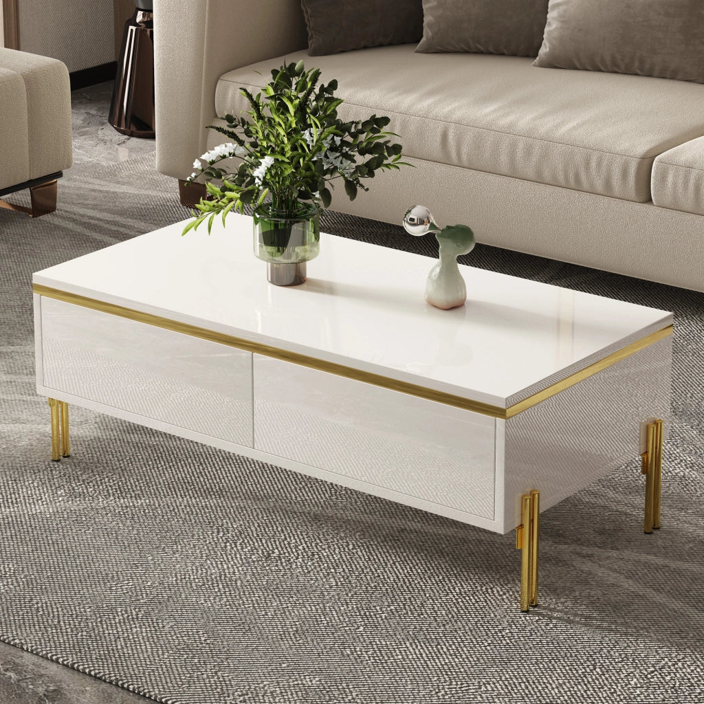 TAVOLINO DA CAFFÈ 100x50x36 cm Bianco Lucido con Cassetti laterali