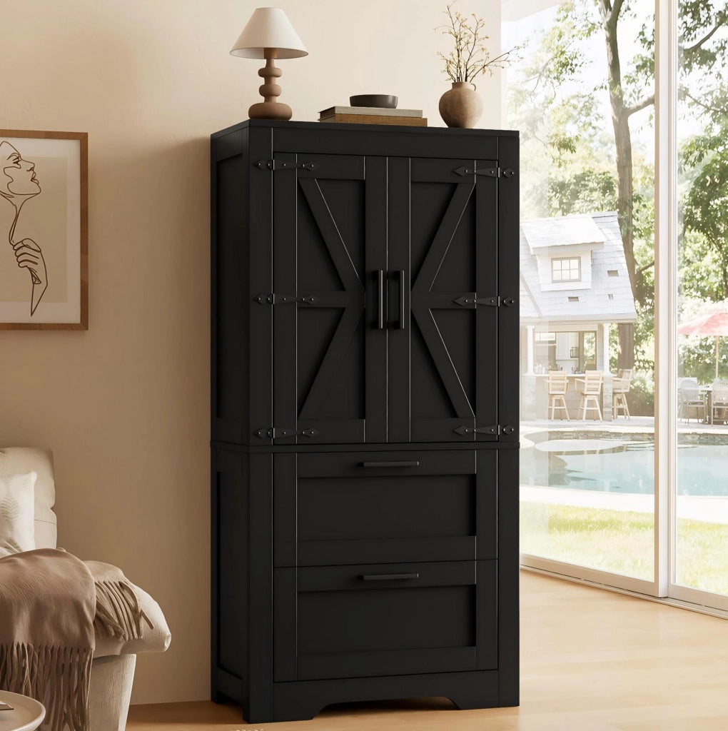 Credenza alta nera 60x30x128 cm con ripiani regolabili e 2 cassetti