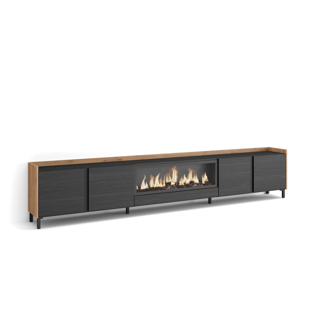 Mobile TV Soggiorno, 315x61x35 cm, Per TV fino a 80", Camino elettrico XXL, Design industriale, Nero e rovere