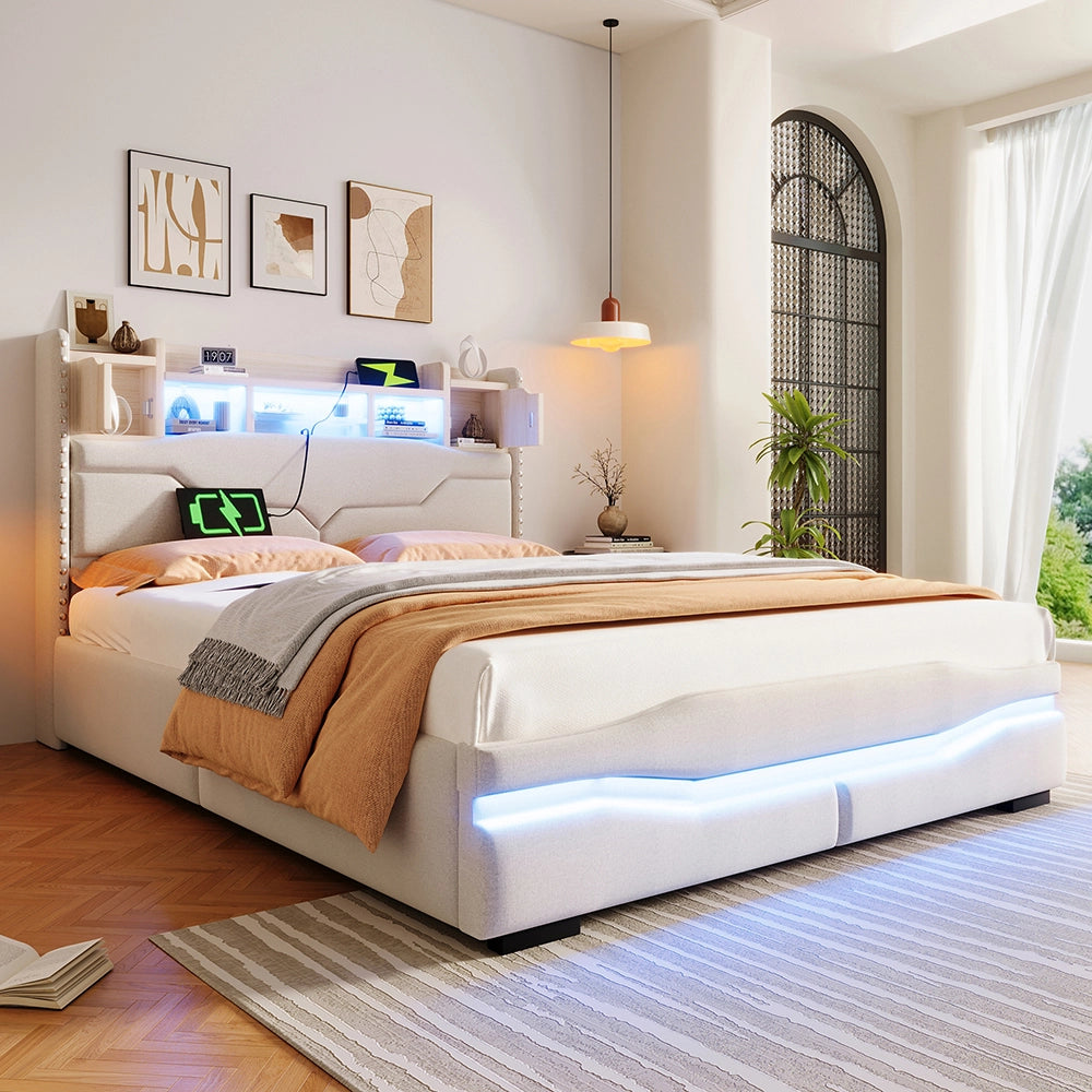 Letto matrimoniale-Xylo-140x200 cm-USB-C, LED RGB, idraulico, beige