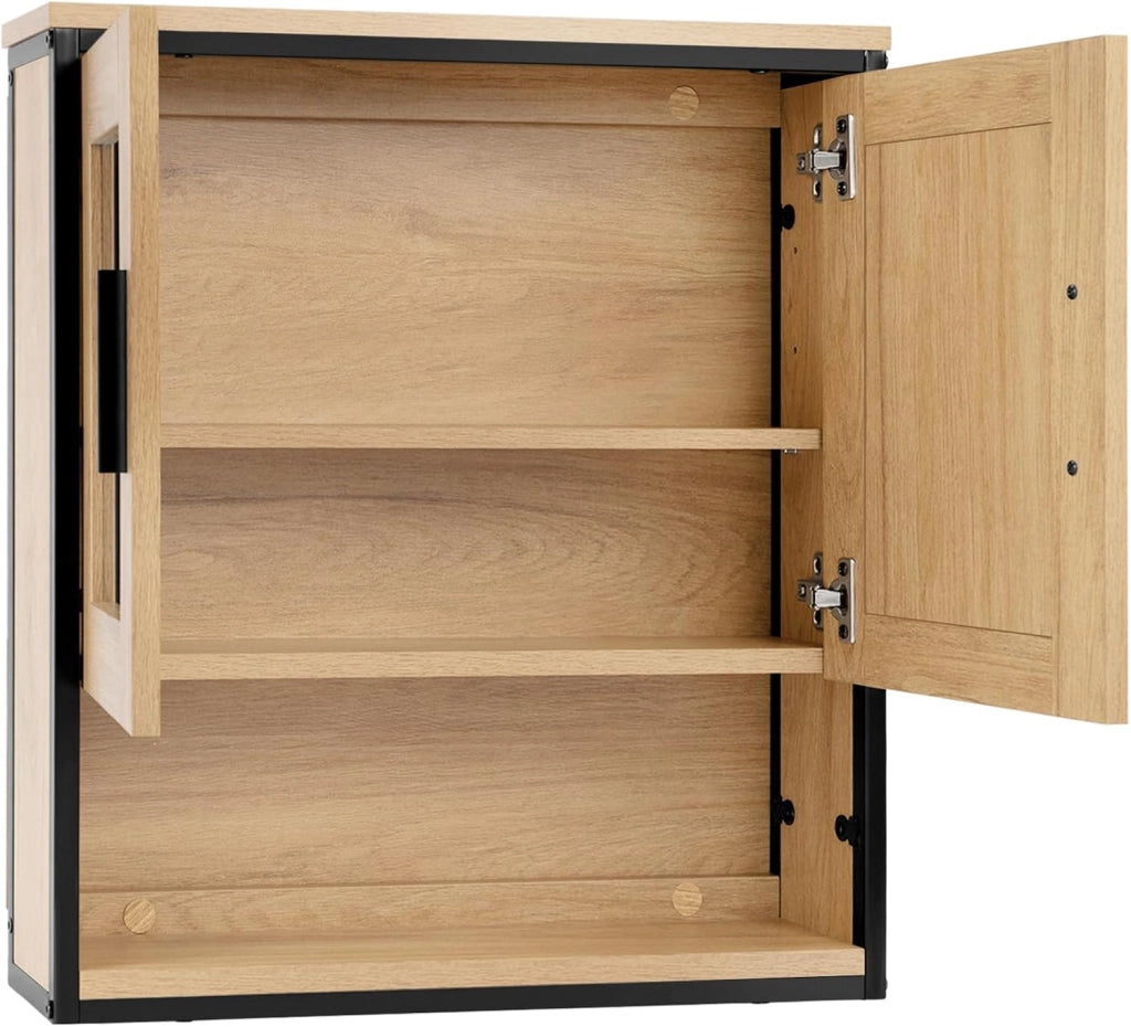Mobiletto per Bagno Salvaspazio, Pensile da Bagno Sospeso con Mensola e Specchio, Ripiano Regolabile, 2 Ante con Maniglia, Rovere Chiaro+Nero