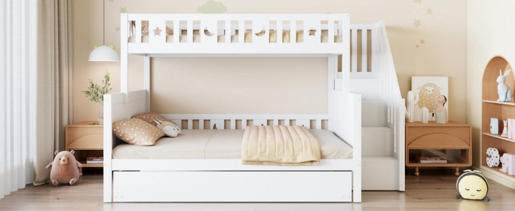 DESMIU Letto a castello letto bambini 3 posti con scala contenitore e letto estraibile, 90 × 200 e 140 × 200 cm, senza materasso