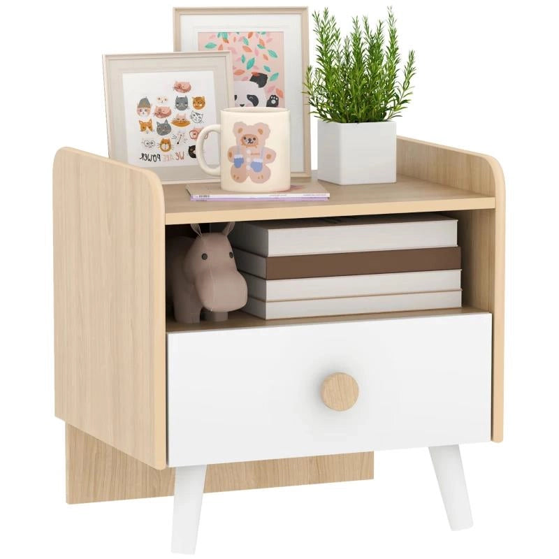 COMODINO CON CASSETTO PER BAMBINI 3-10 ANNI IN LEGNO E LEGNO DI PINO, 40X32.5X40 CM, BIANCO