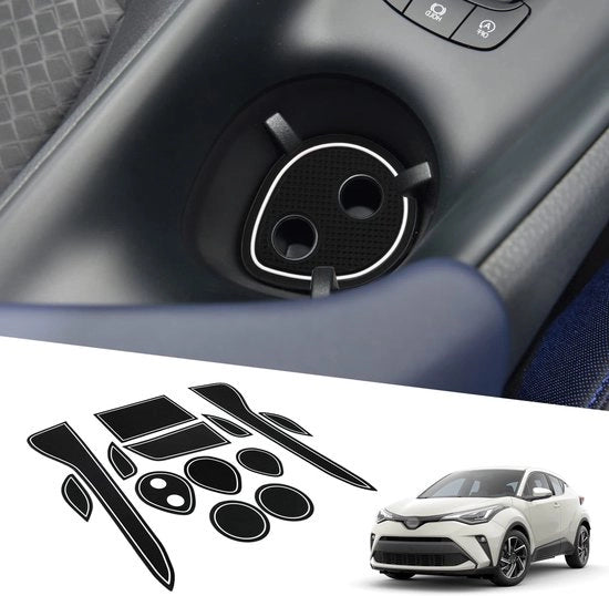 Accessori compatibili con Toyota C-HR ZYX10/NGX 50 Serie 2016-2023, mazzette antiscivolo per console centrale, supporto guida in gomma, contenitore per bicchieri, mazzette antiscivolo per porta, mazzetta per vano porta in gomma, bianco