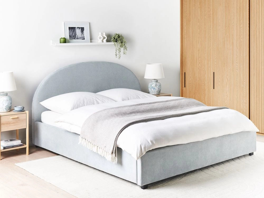 Letto contenitore matrimoniale di ciniglia imbottito tessuto azzurro retrò minimalista 180 x 200