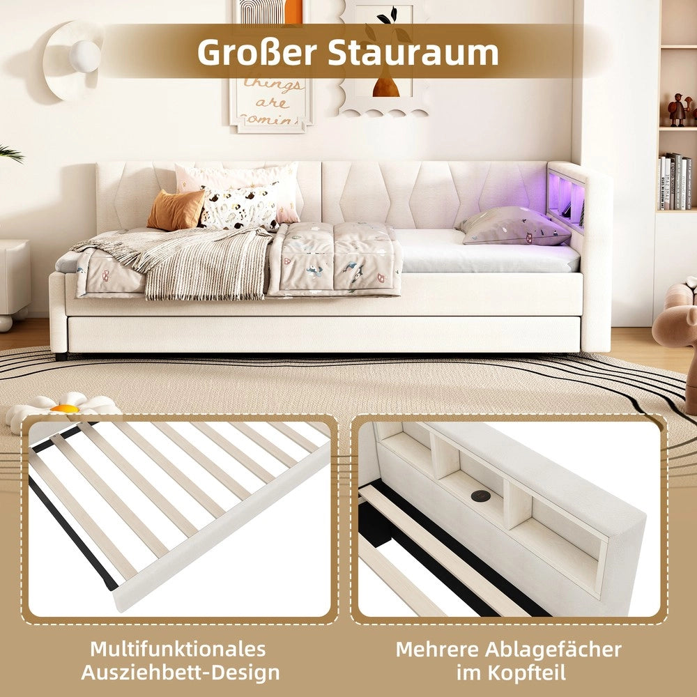 Letto Singolo con LED e Letto Estraibile ¨C MINIMAL ¨C Beige, Tessuto Lino, 90x200