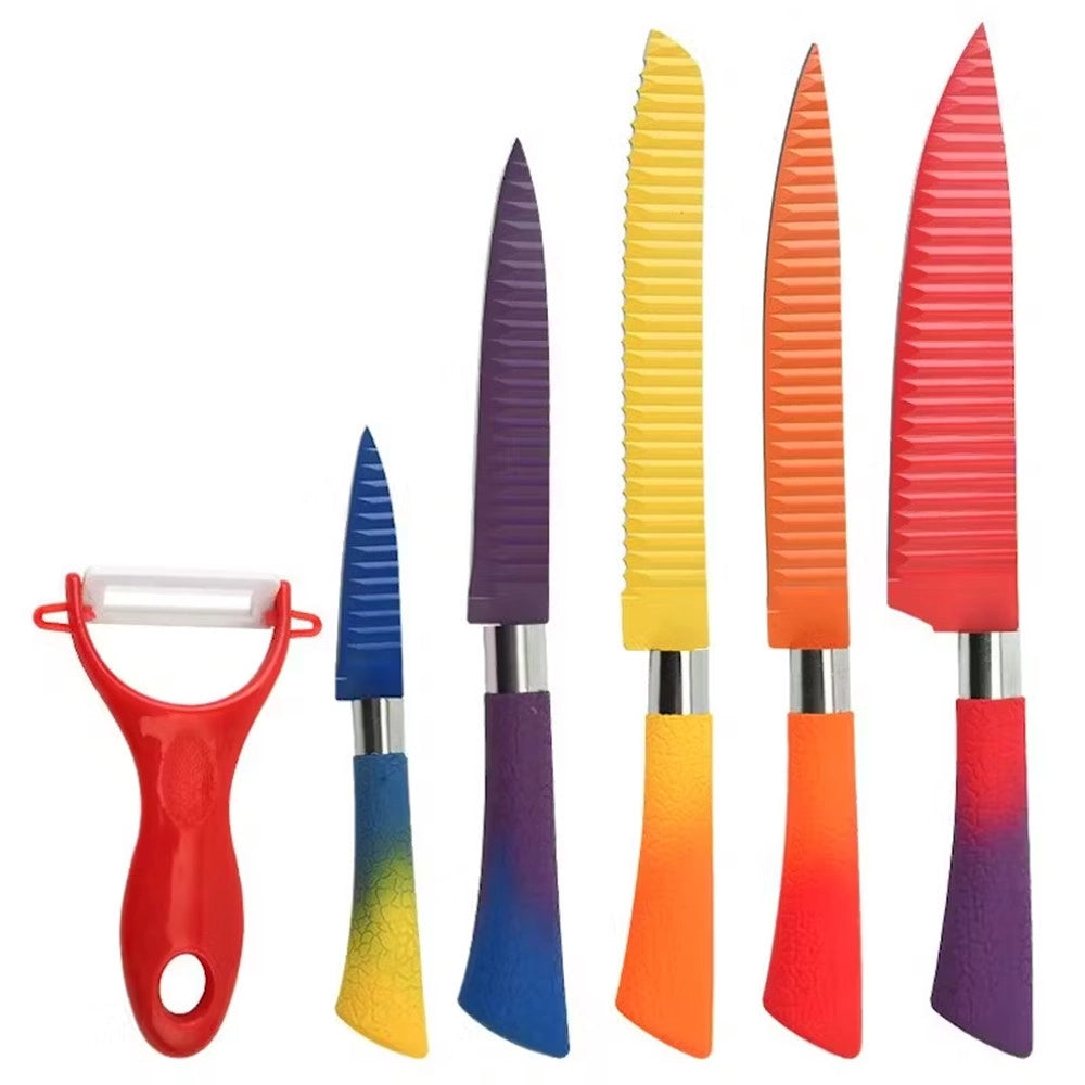 Trade Shop - Set Di Coltelli Da 6pz Colorati Con Lama In Rilievo Maniglia Antiscivolo Utensili Cucina -