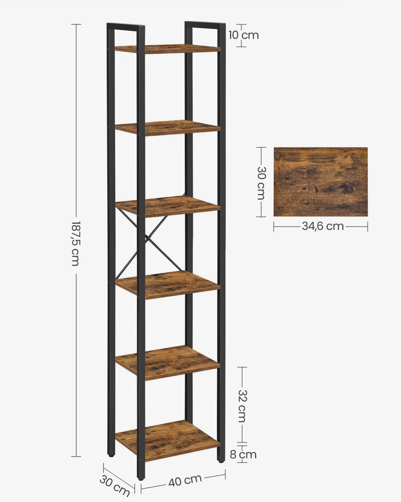 Libreria a 6 ripiani mobile contenitore aperto per ufficio soggiorno camera da letto 40 x 30 x 1786 cm marrone rustico e nero 12_0004186