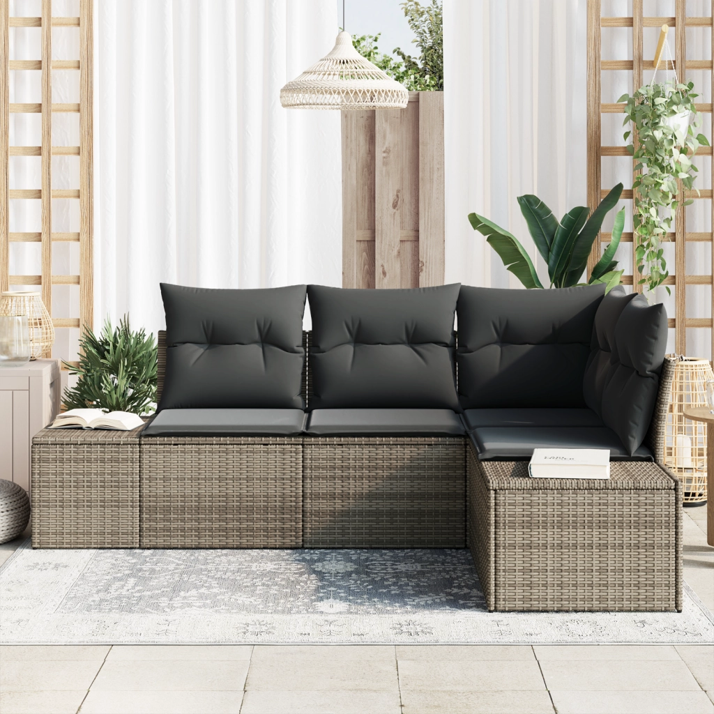 Set di divani da giardino 4 pezzi con cuscini grigi in polyrattan