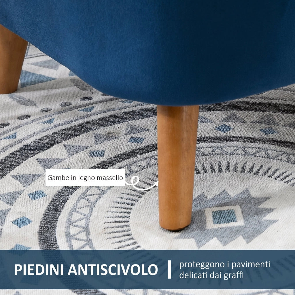 Poltrona da Salotto 67x65x77 cm con Imbottitura Spessa Gambe in Legno e Braccioli in Velluto Blu