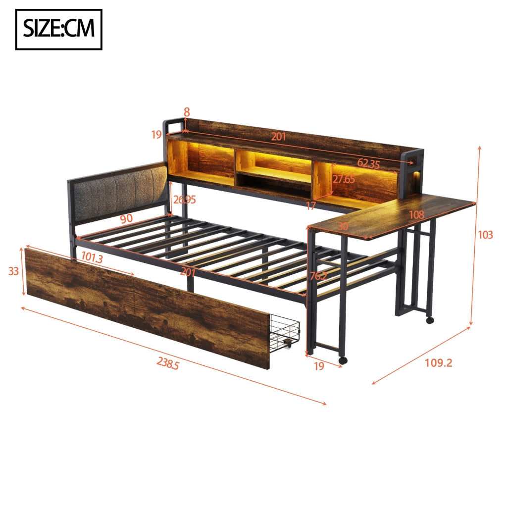 Sofabett con illuminazione LED e vano contenitore in metallo 90x200 cm
