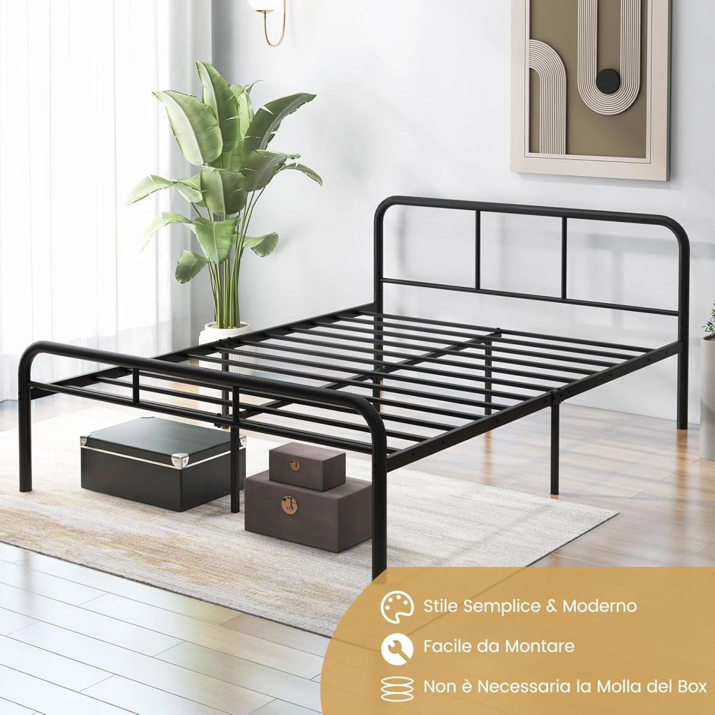 Struttura per Letto Matrimoniale, Letto Piattaforma in Metallo Moderno con Testiera e Pediera, 12 Doghe Metalliche, Silenziosa, Carico 300 kg (Stile 2 190x140cm)