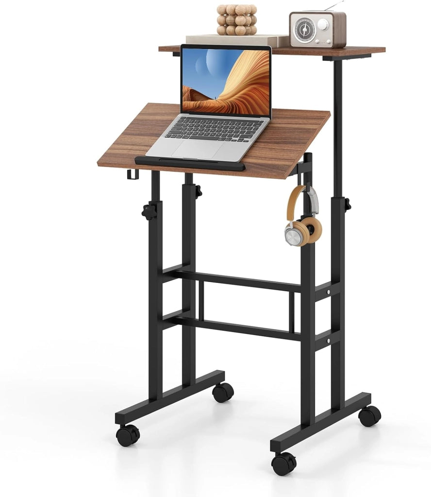 Scrivania per Computer Regolabile in Altezza, Scrivania Salvaspazio con Ruote e Ganci, Tavolo Porta PC per Studio e Ufficio, 60 x 60 x 72-124 cm (Nero)