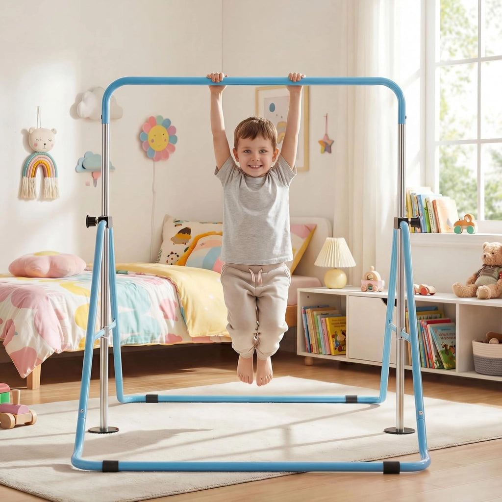 KOMFOTTEU Barra da ginnastica pieghevole per bambini, barra orizzontale con altezza regolabile in 5 livelli da 90 a 130 cm, carico di 70 kg, attrezzatura portatile per allenamento per interni esterni
