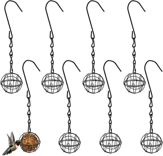 8 set di alimentatori per uccelli appesi con ganci e catene - 7 cm alimentatori a palline - supporto per grasso uccello metallico per uccelli selvatici merlo storno pettirosso esterno giardino nero