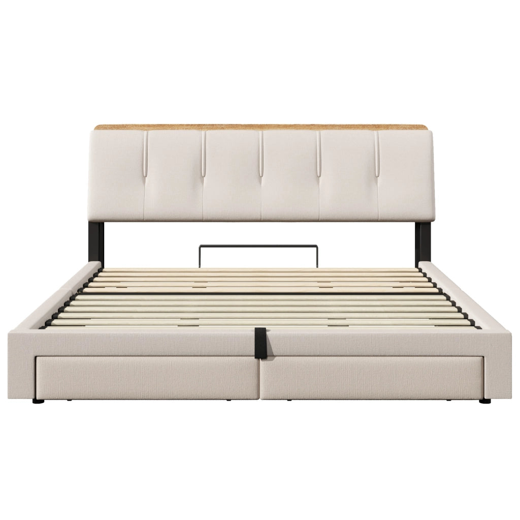 Letto imbottito 180x200 cm con vano contenitore idraulico; USB/Type-C; LED; lino beige