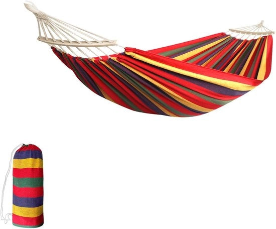 Hangmat inclinabile con 2 stanghe in legno - Struttura trasportabile - 180 x 130 cm - Per campeggio all'aperto e giardino