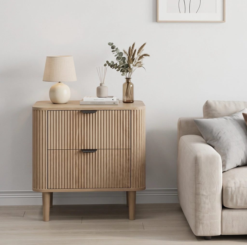 Comodino in MDF effetto rovere con 2 cassetti e frontali scanalati