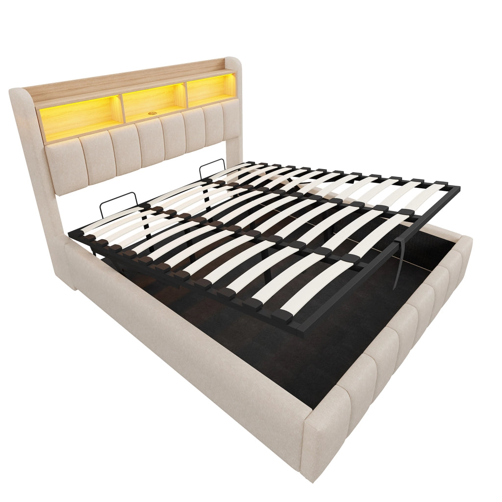 Letti contenitori 180x200 cm con LED e contenitore; lino; beige