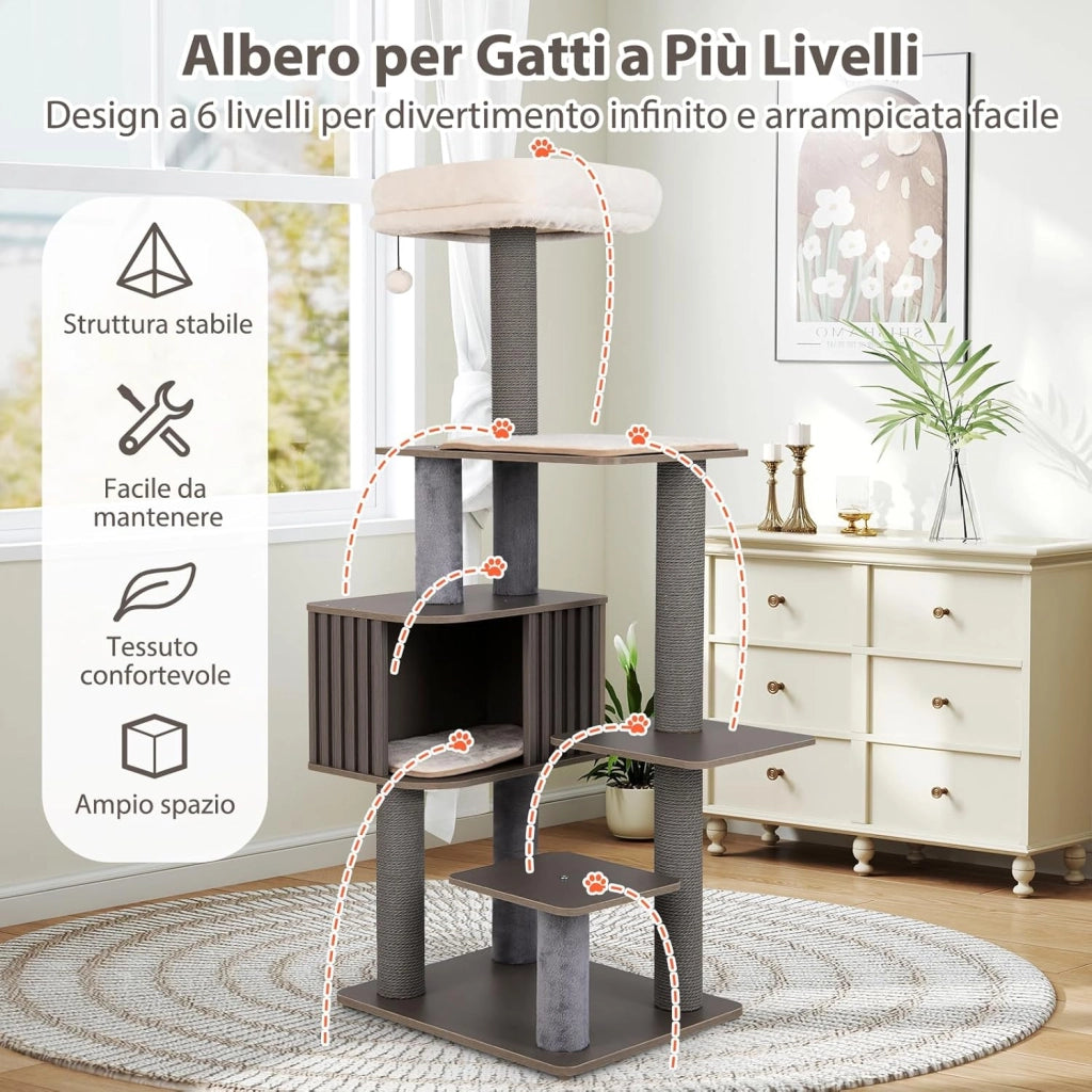 Albero per Gatti a 6 Livelli, Torre per Gatti Alta 151 cm con Condominio, Tappetini Removibili e Tiragraffi, Albero Tiragraffi per Arrampicata per Gattini in Legno con Palla Pompom Appesa