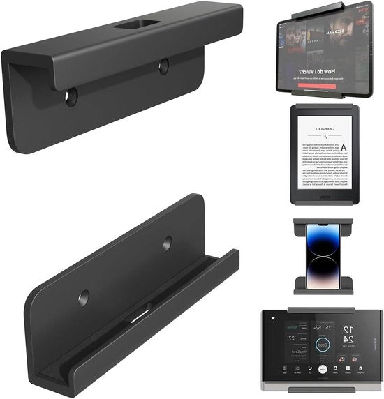 Sostegno per tablet, telefono, lettore elettronico e telecomando - Supporto per muro - Compatibile con iPad, iPhone, Samsung - Opzione colla adesiva - Pratico e comodo - Grigio