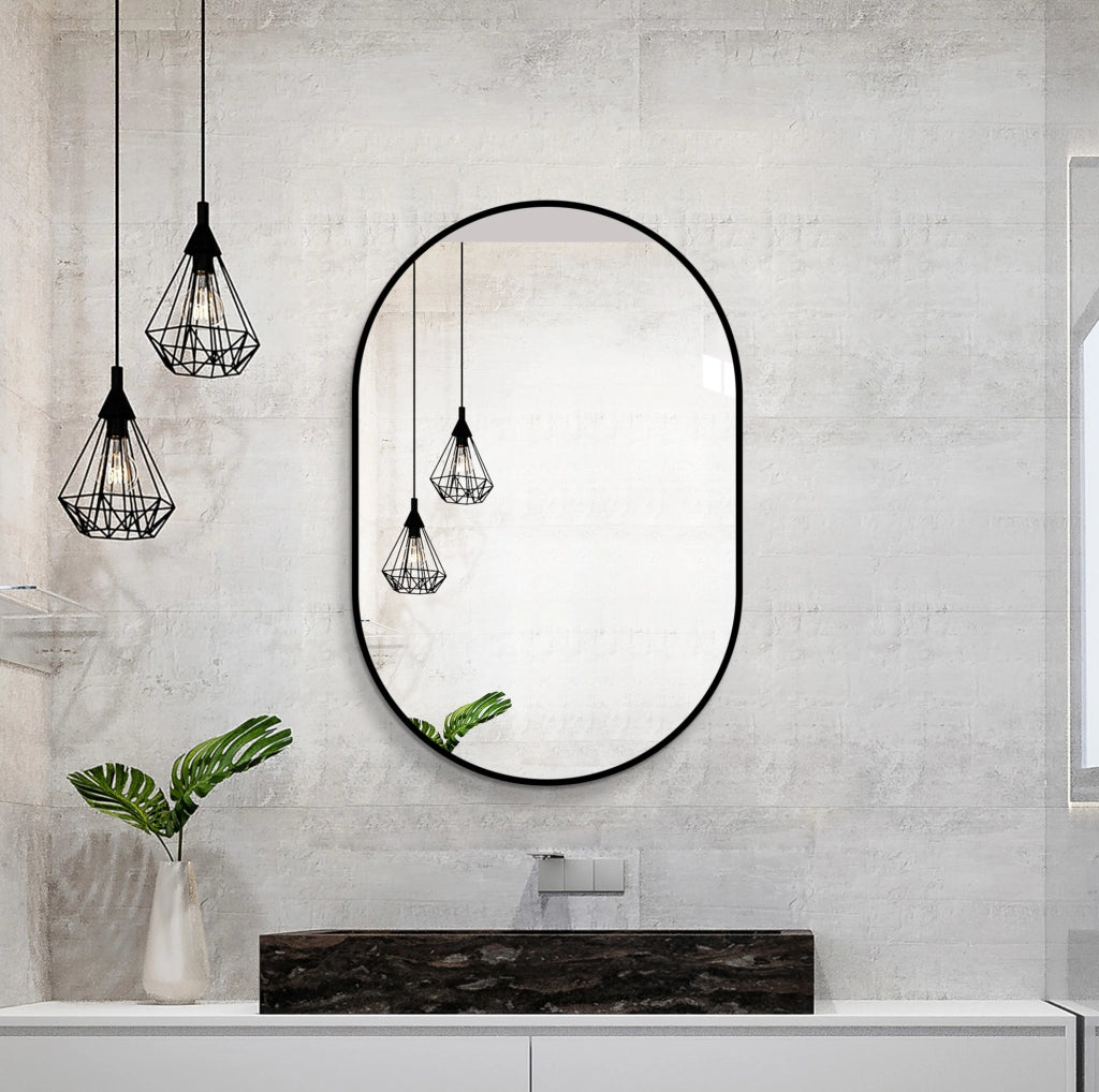 Specchio da parete ad arco 60x90 cm in vetro e alluminio nero, verticale o orizzontale