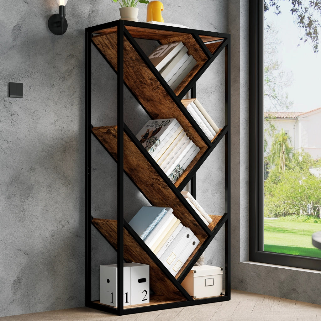 Libreria a forma di albero 80 × 35 × 160 cm, scaffale a 8 ripiani, nero e marrone vintage, con struttura in metallo e pannello MDF