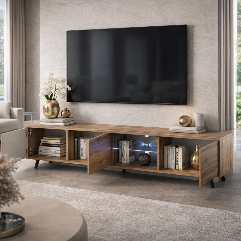 Porta Televisore Con 3 Ante Battenti Vano Centrale Con Ripiano In Vetro E LED Mobile TV In Melaminico Con Piedini In Metallo Per Soggiorno Salotto Zona Living 175 X 40 X 31.5 Cm Rovere