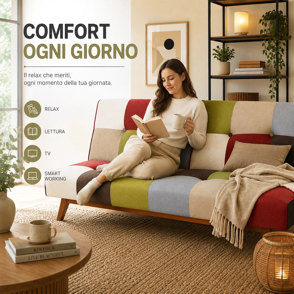 Divano Letto in Tessuto Patchwork Imbottito Gambe in Legno Schienale Reclinabile